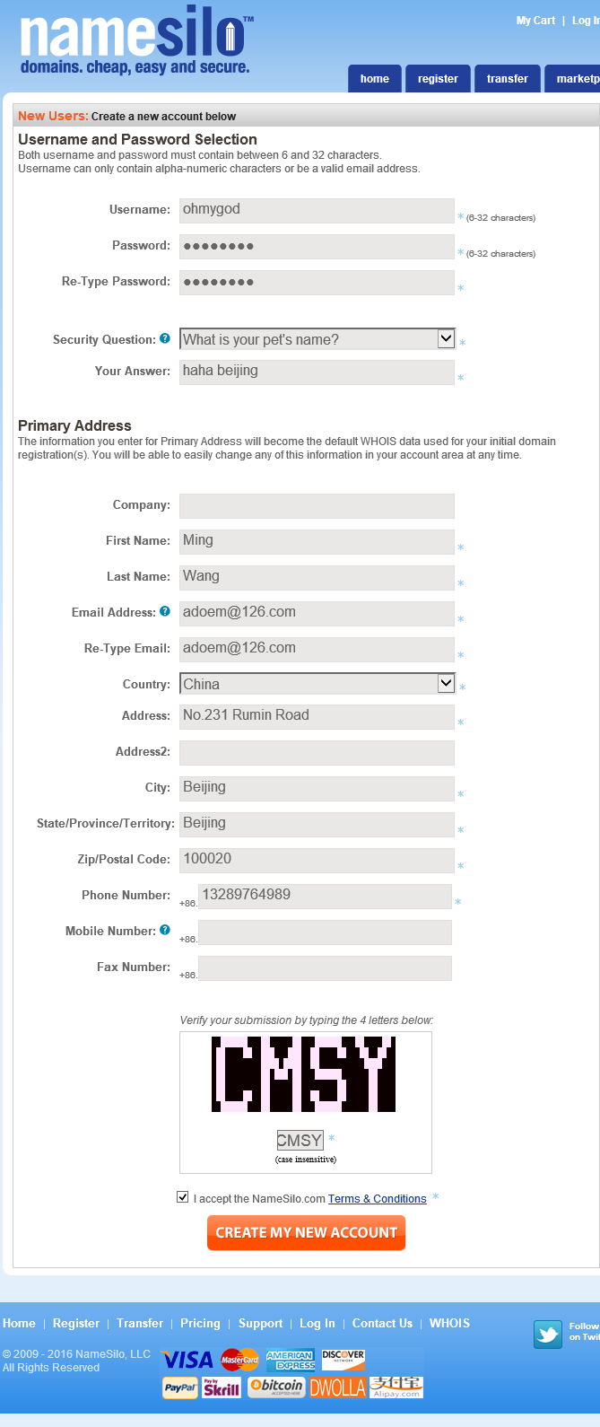 namesilo register form
